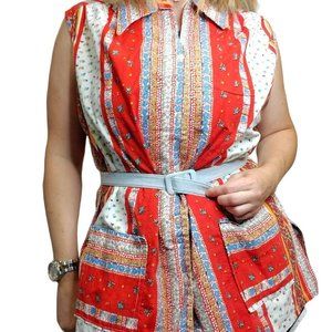 Vintage 70s Red Boho Belted Tunic Collared‎ Smock Sleeveless Floral Shirt L/XL
